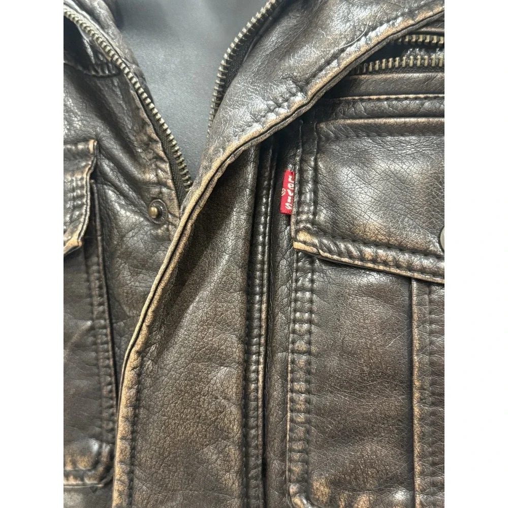 Levi's Men's Brown Faux Leather Sherpa Lined Brown Distressed Jacket Size Small